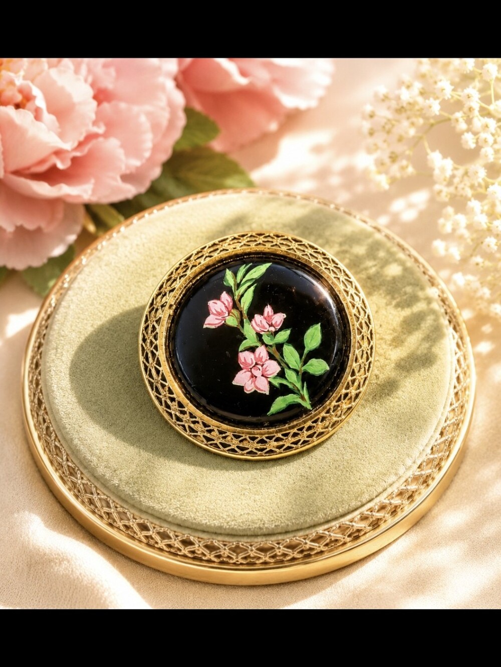 Vintage Floral Enamel Pink and Green Brooch - Gold Frame